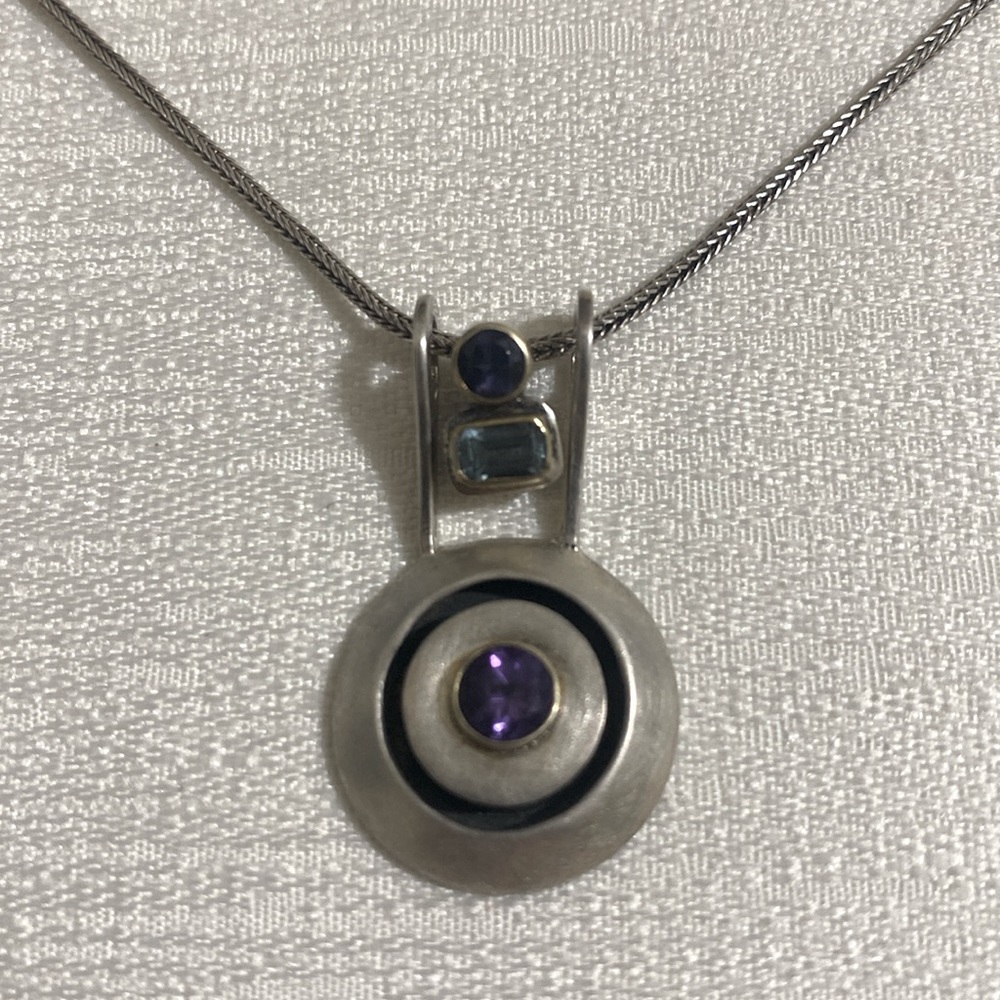 925 Sterling Silver Necklace w Onyx, Topaz, Amethyst Pendant